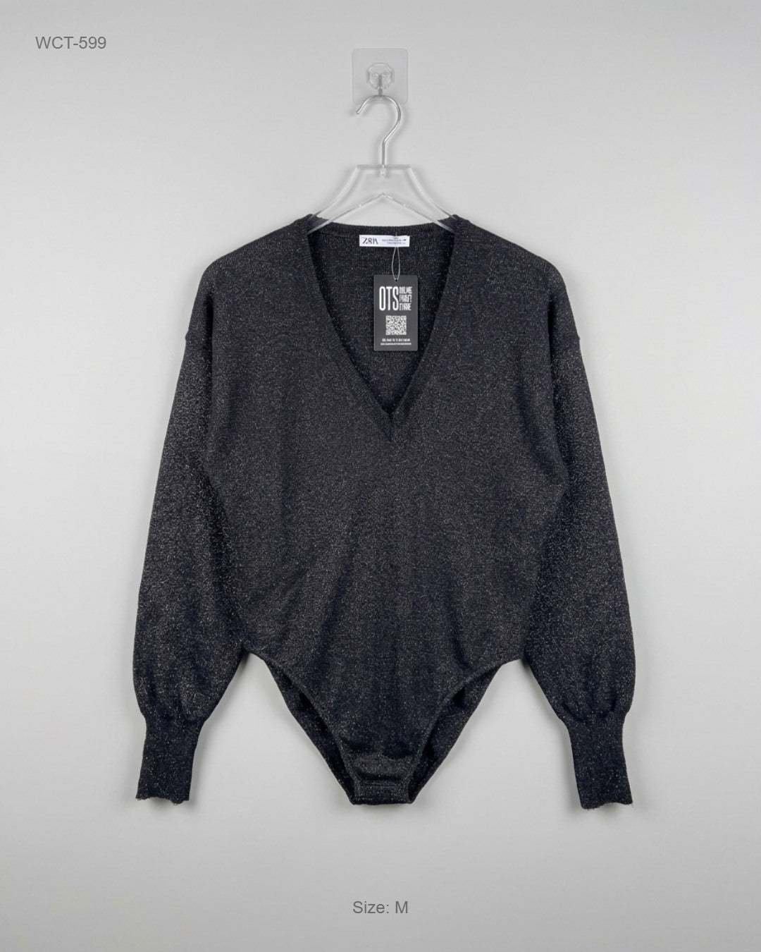 Zara Black V-Neck Shimmer Knit Bodysuit buy preloved clothing online Pakistan