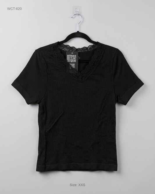 REU 21 Black Lace-Trim Ribbed Top buy preloved clothing online Pakistan