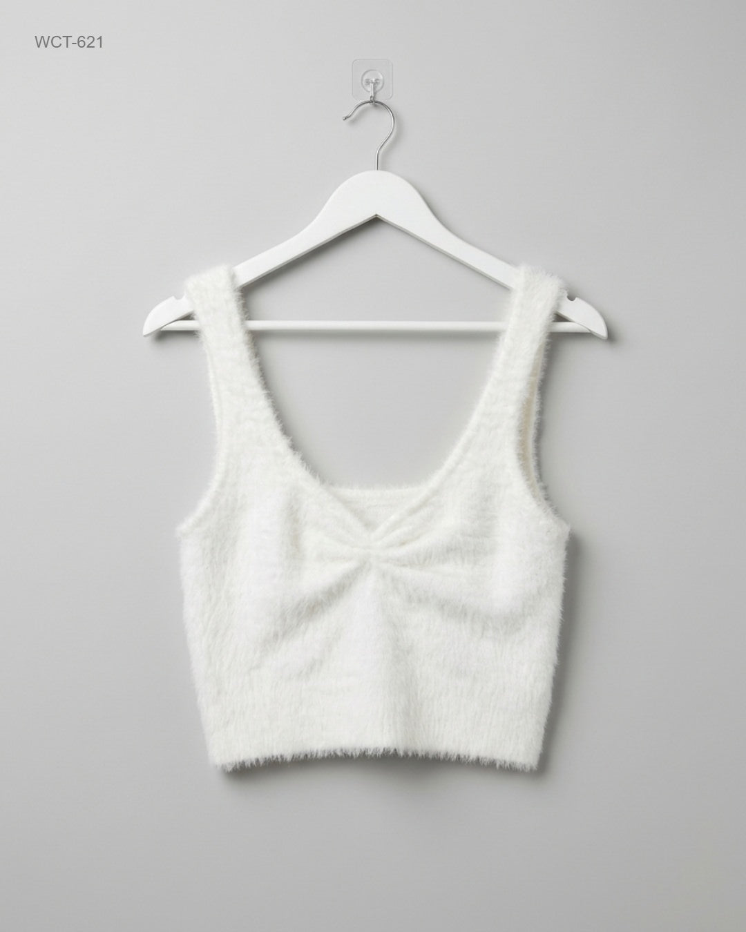 CUT LABEL White Fuzzy Twist-Front Knit Crop Top buy preloved clothing online Pakistan