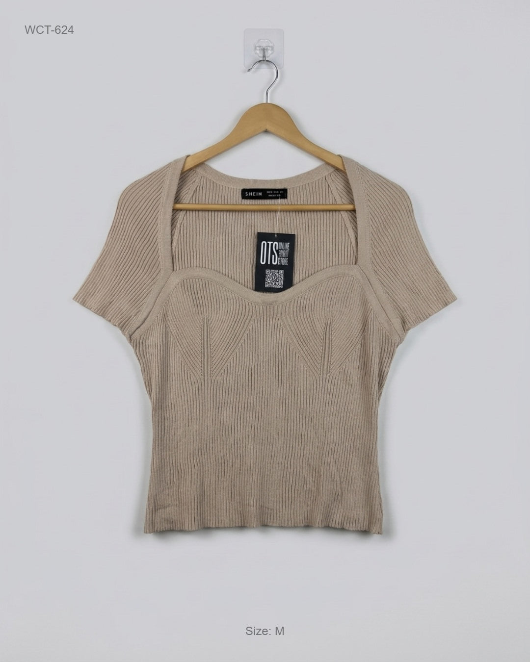 SHEIN Beige Short Sleeve Ribbed Knit Top buy preloved clothing online Pakistan