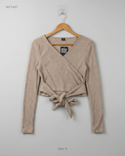 CUT LABEL Beige Ribbed Wrap-Front Tie Top buy preloved clothing online Pakistan