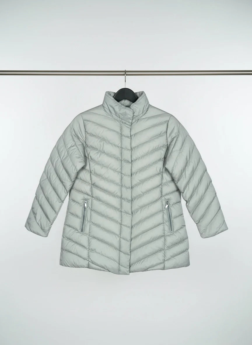 Shop Premium Plus Bomber & Puffer Jackets by Mudflouer | Preloved Branded Clothes | Silver Polyester | Women | OTS Thrift Store Islamabad Pakistan