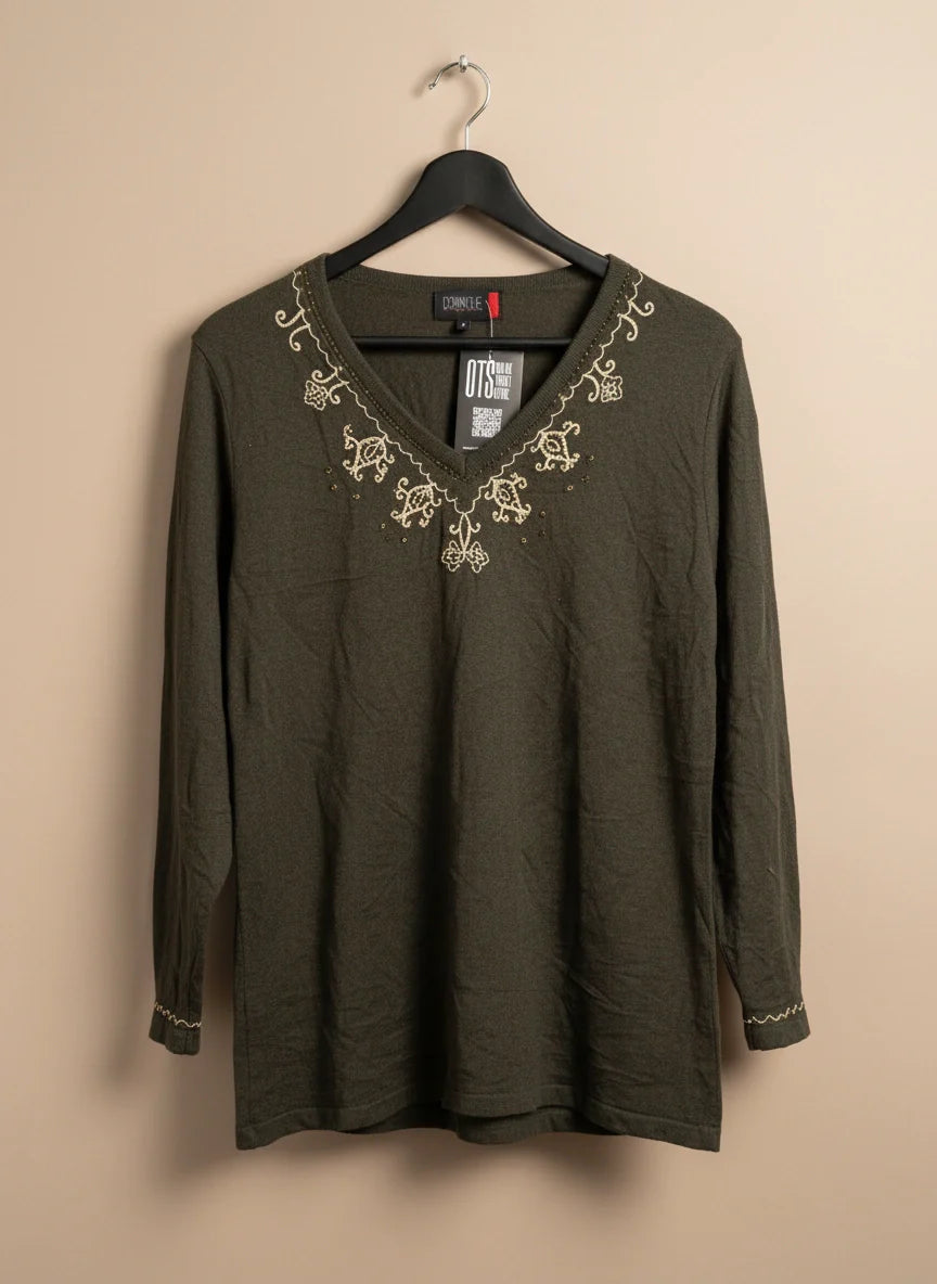 Shop Premium Winter Knitted Tops by Dominique | Preloved Branded Clothes | Olive wool & polyester | Women | OTS Thrift Store Karachi Pakistan