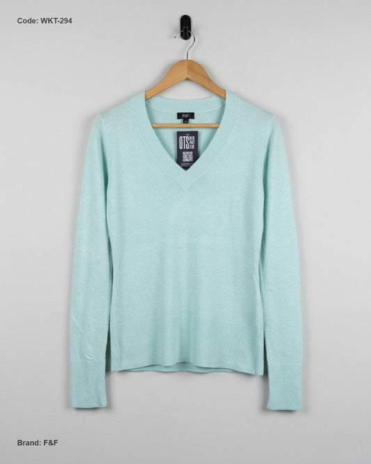 Preloved Premium Winter Knitted Tops by F&F, Cyan ACRYLIC for Women - OTS Thrift Shop Lahore Pakistan