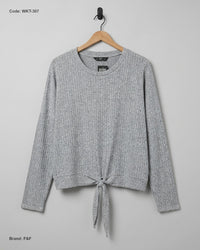 F&F (WKT-307) Ribbed Tie-Front Long-Sleeve Top