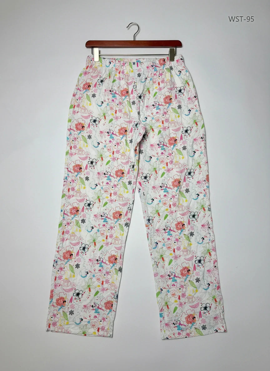 Preloved Excellent Womens Summer Trousers by H&M, WHITE MULTI Cotton for Womens - OTS Thrift Shop Islamabad Pakistan