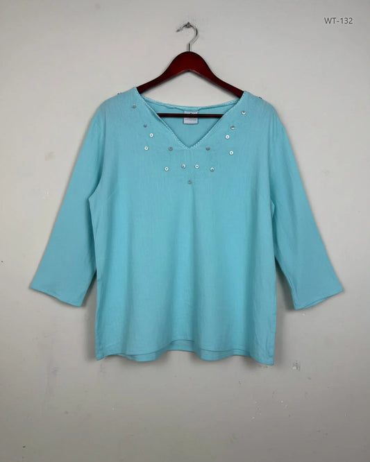 UK Imported secondhand Womens Summer Tops - XE brand, Teal Cotton, Premium condition, for Women - Online Thrift Store Peshawar Pakistan
