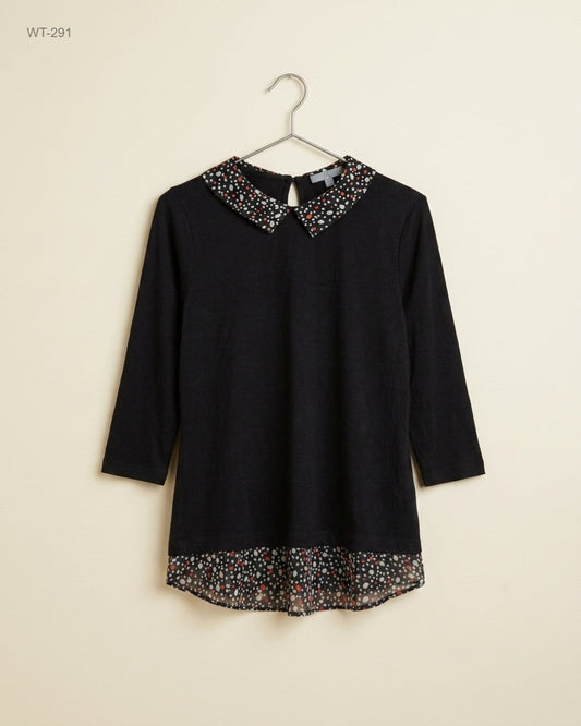 W (WT-291) Peter Pan Collar Top with Layered Hem