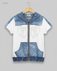 ALEXO (WTS-344) Short-Sleeve Distressed Zip-Up Hoodie